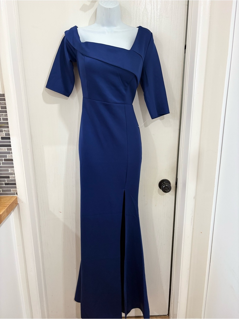 Kali Deep Blue Asymmetric Square-Neck Maxi Dress with Front Slit